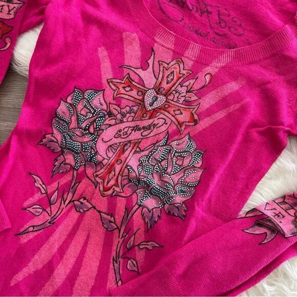 Vintage Ed Hardy Magenta Pink Rhinestone Tattoo Scoop Neck Wool Tunic Sweater M - Picture 2 of 6
